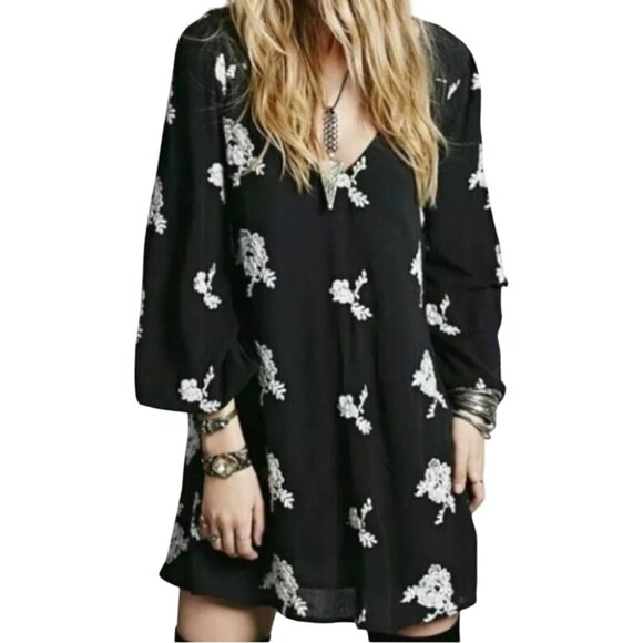 Free People Emma Austin Swing Trapeze Dress Black Embroidered Long Sleeve Size S - Picture 6 of 16
